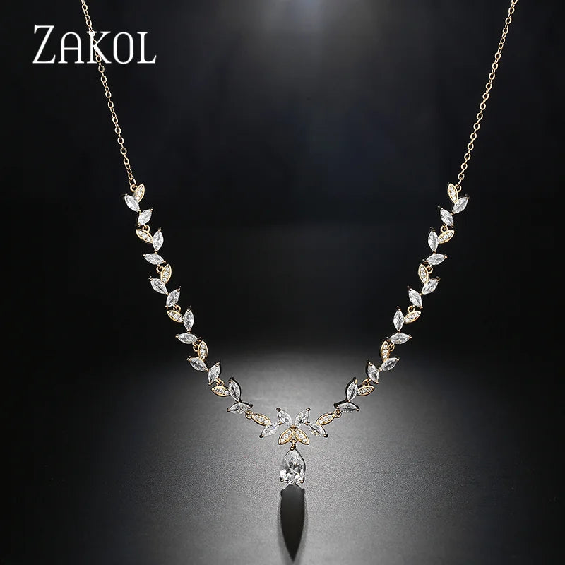 Envy NYC Marquise Cut Cubic Zircon Leaf Bridal Necklace & Earrings — lifestyle worn / used context