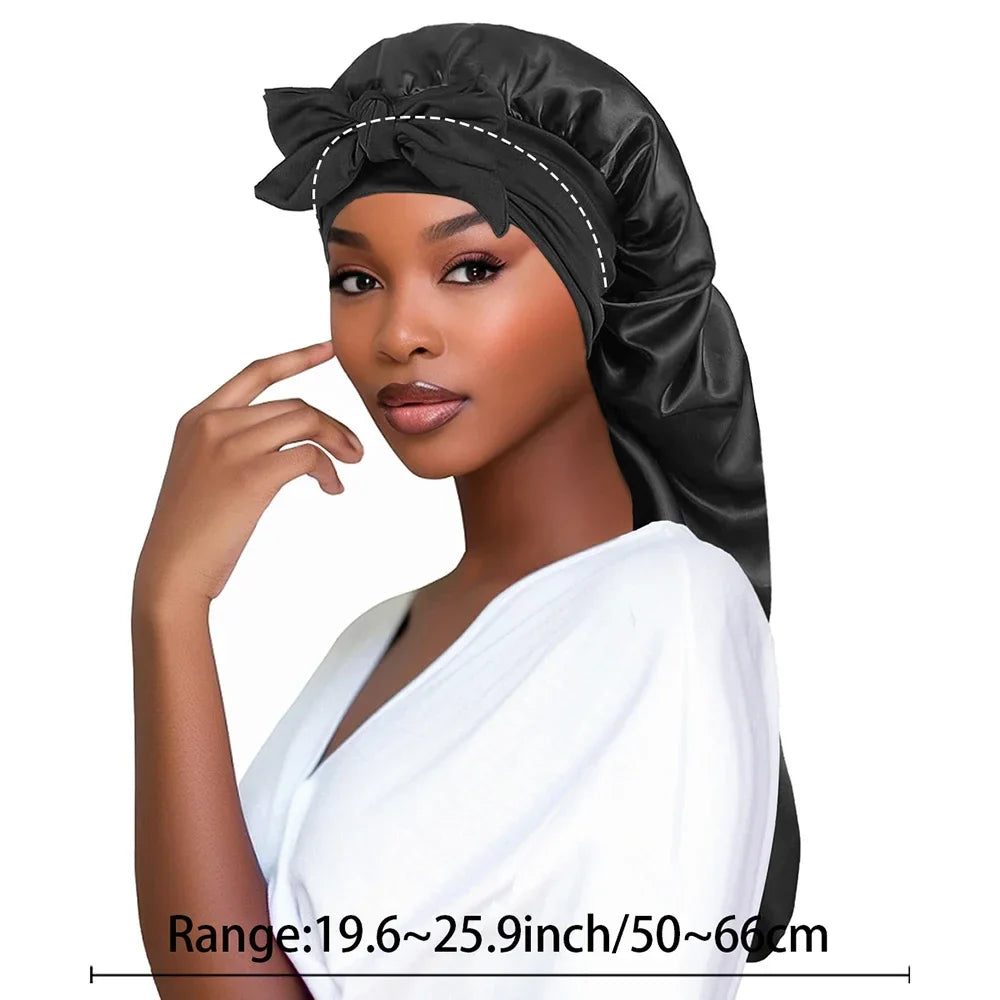 Perfecsy Women Bonnet Satin Sleeping Hat Long Tail Braid Hair Night Sleep Cap Head Cover Bonnets Shower Caps for Sauna Bathin