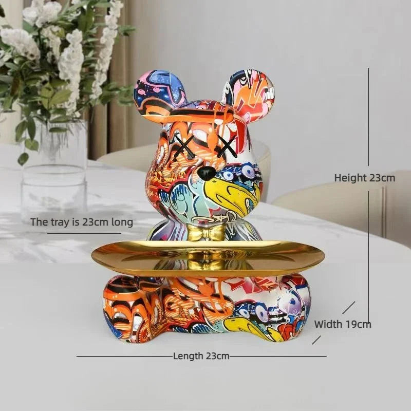 Perfecsy Trendy Colorful Graffiti Bear Abstract Resin Storage Statue Cute Doodle Animal Organizer Desk Holder for Home Office