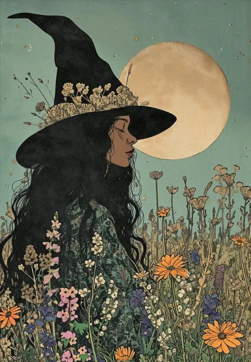 Perfecsy Witch Magical Art Print Witch with Full Moon Wall Decor Darkness Witches Painting Wall Decor Canvas Poster Dark Roma