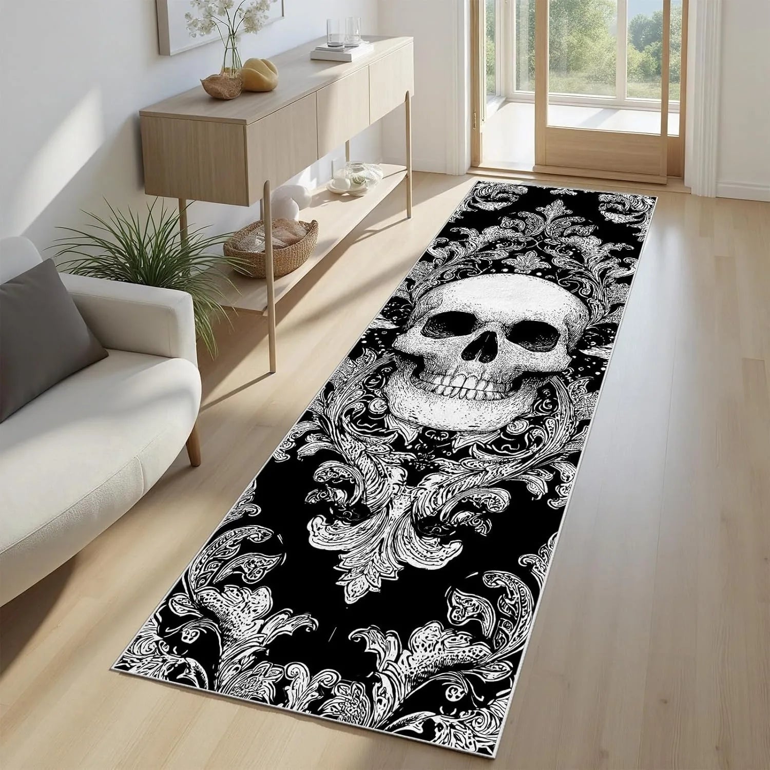 Perfecsy Skull Pattern Gothic Runner Rug Red Black Rose Decor Carpet Soft Non-Slip Art Home Decor Mat for Hallway Living Room