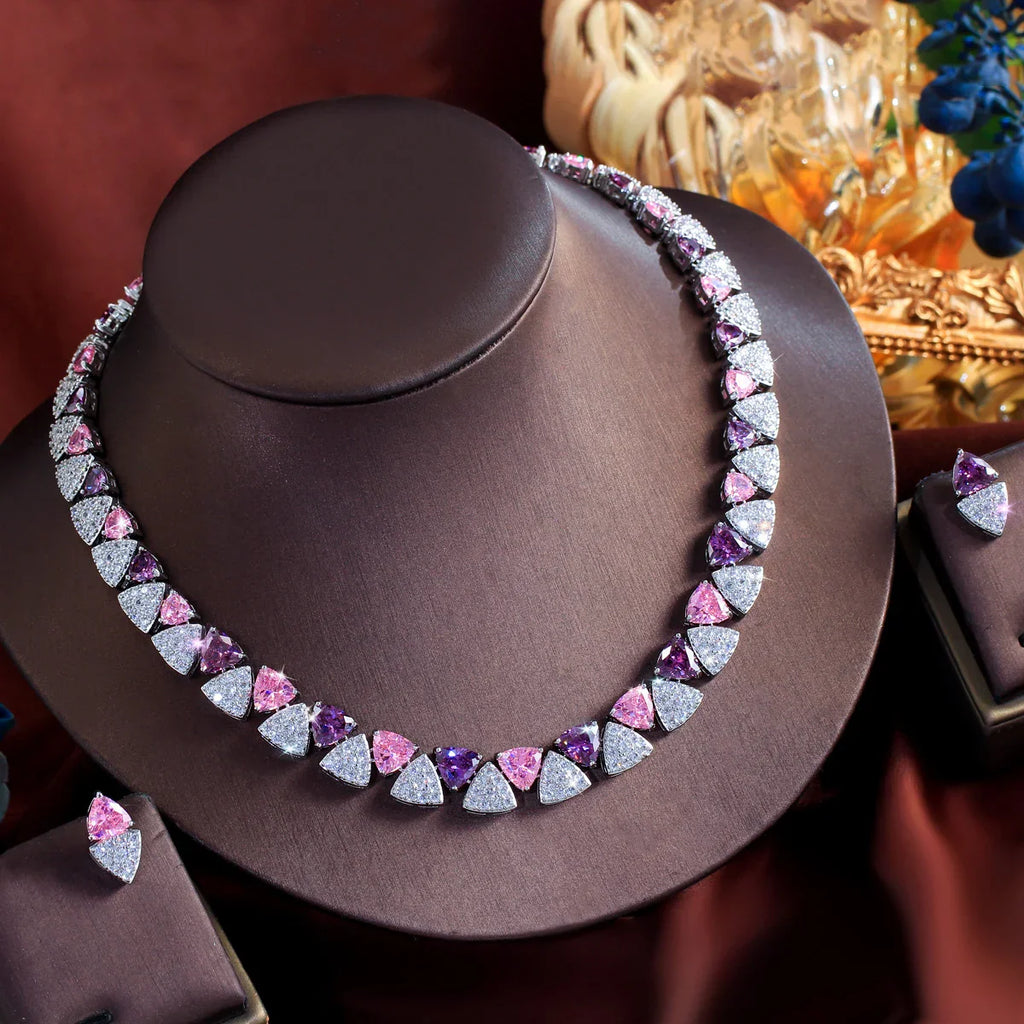 MyClosetAid Pink Purple Triangle CZ Crystal Necklace Earring Set — back view