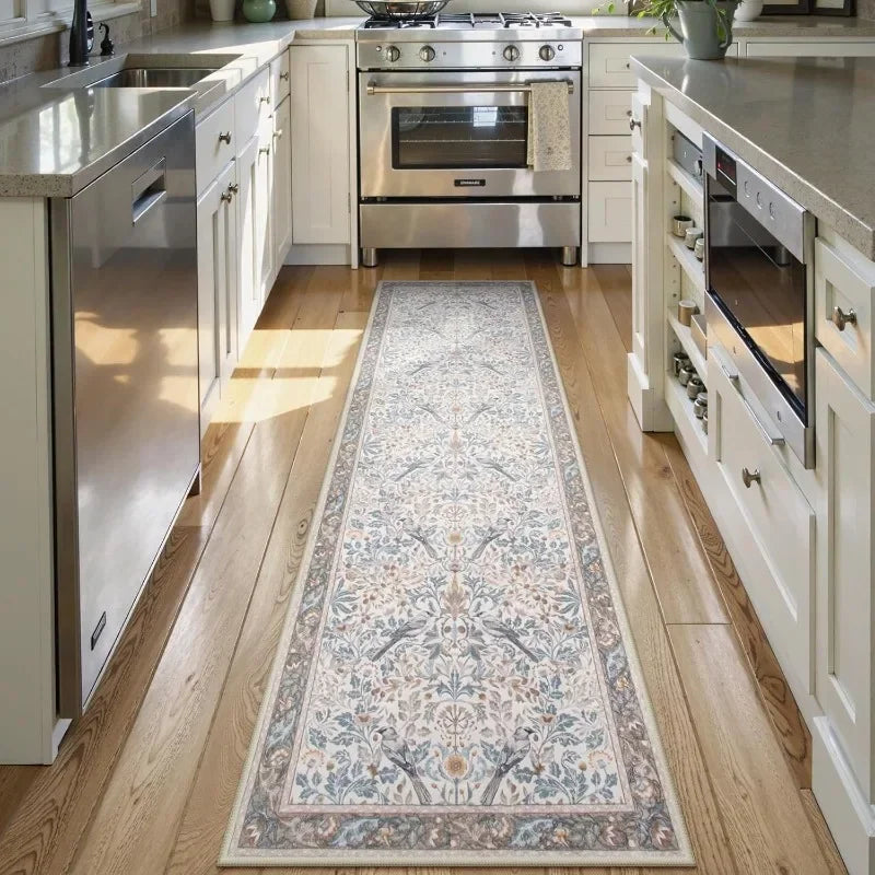 Perfecsy Victorian Retro Bird Floral Runner Rug Light Beige Background Soft Pastel Color Ideal For Vintage Themed Home Hallwa