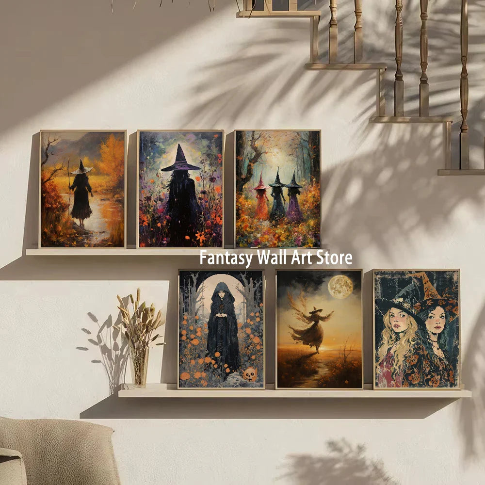 Perfecsy Witch Magical Art Print Witch with Full Moon Wall Decor Darkness Witches Painting Wall Decor Canvas Poster Dark Roma