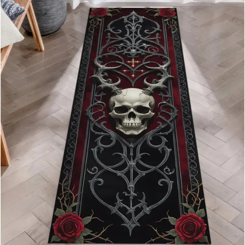 Perfecsy Skull Pattern Gothic Runner Rug Red Black Rose Decor Carpet Soft Non-Slip Art Home Decor Mat for Hallway Living Room