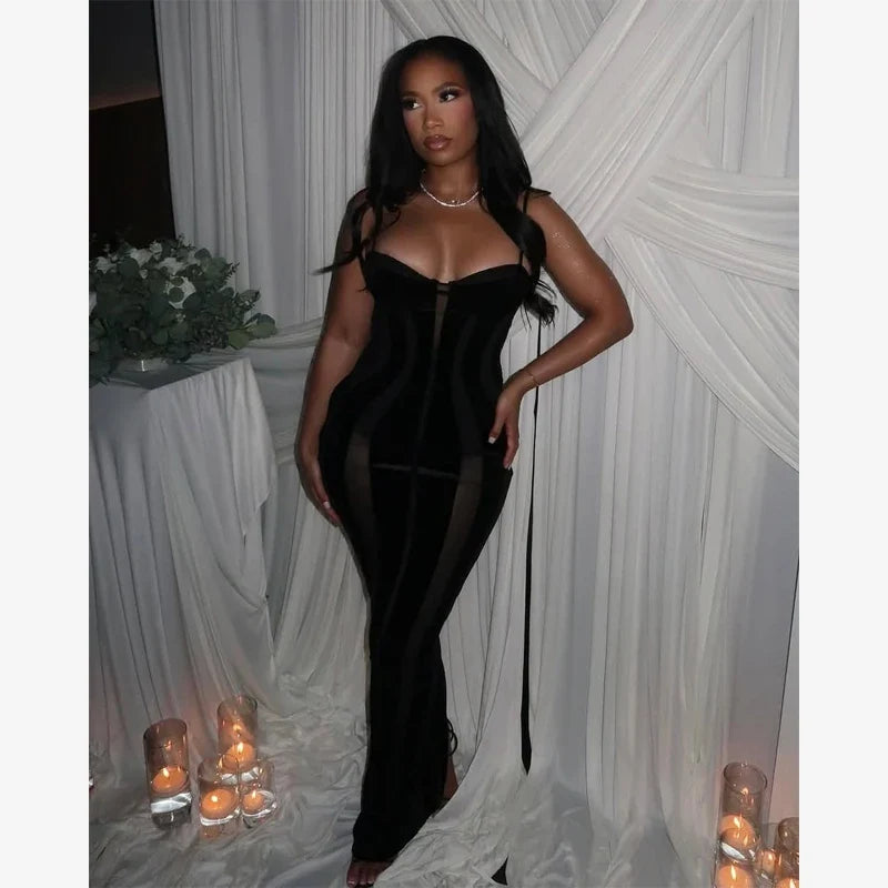 Women's Black Velvet Sheer Maxi Dress Mesh Patchwork Off-shoulder Waist Cinching