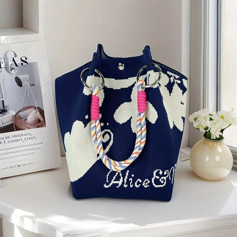 Perfecsy Women's Vintage Floral Knit Tote Bag Storage Bag Lightweight with Adjustable Straps & Metal Rings Snap Closure for C