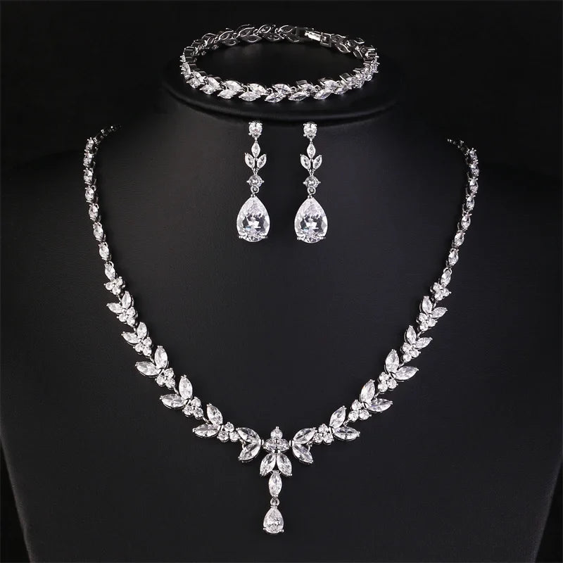 Brilliant Zirconia Leaf Necklace, Earrings & Bracelet Set