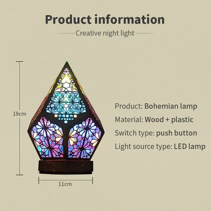 Perfecsy Wooden Hollow LED Projection Night Lamp  Bohemian Colorful Projector Desk Lamp Household Home Decor Holiday Atmosphe
