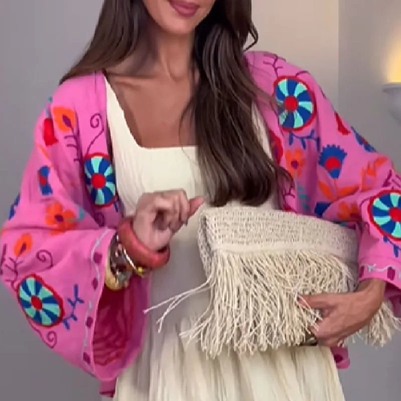Women's V-Neck Lace Up Flare Cardigan Embroidered Pink