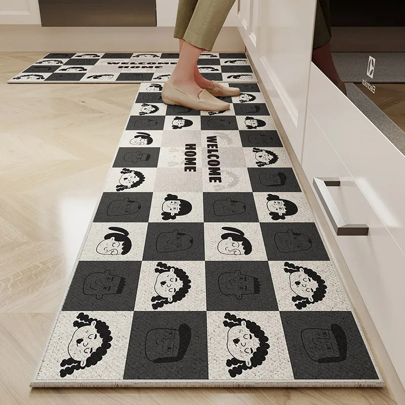 Perfecsy VIKAMA 1/2PC Cartoon Easy To Manage Kitchen Floor Mat Home Long Crystal Velvet Carpet Dirt Resistant and Non-Slip Fl