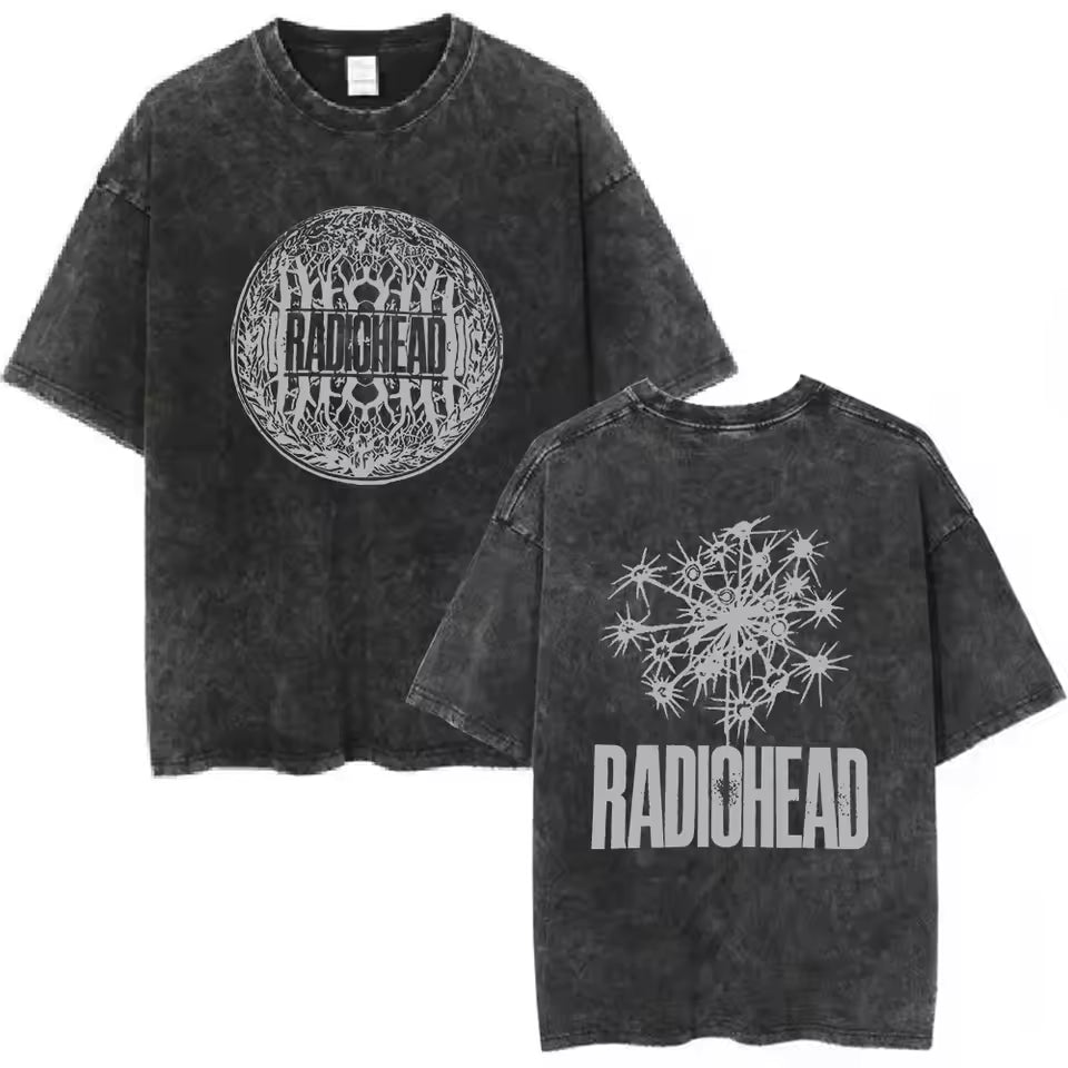 Radiohead Rock Band Washed Cotton T-Shirt – Retro Alternative Rock Graphic Tee, Vintage Distressed Heavyweight Style Unisex Concert Top
