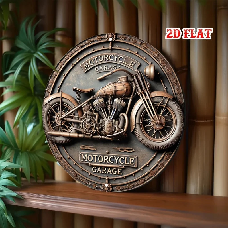 Perfecsy [2D Flat] Vintage Motorcycle Garage Round Aluminum Sign -Retro Metal Wall Decor, 7.8x7.8 inch — back view