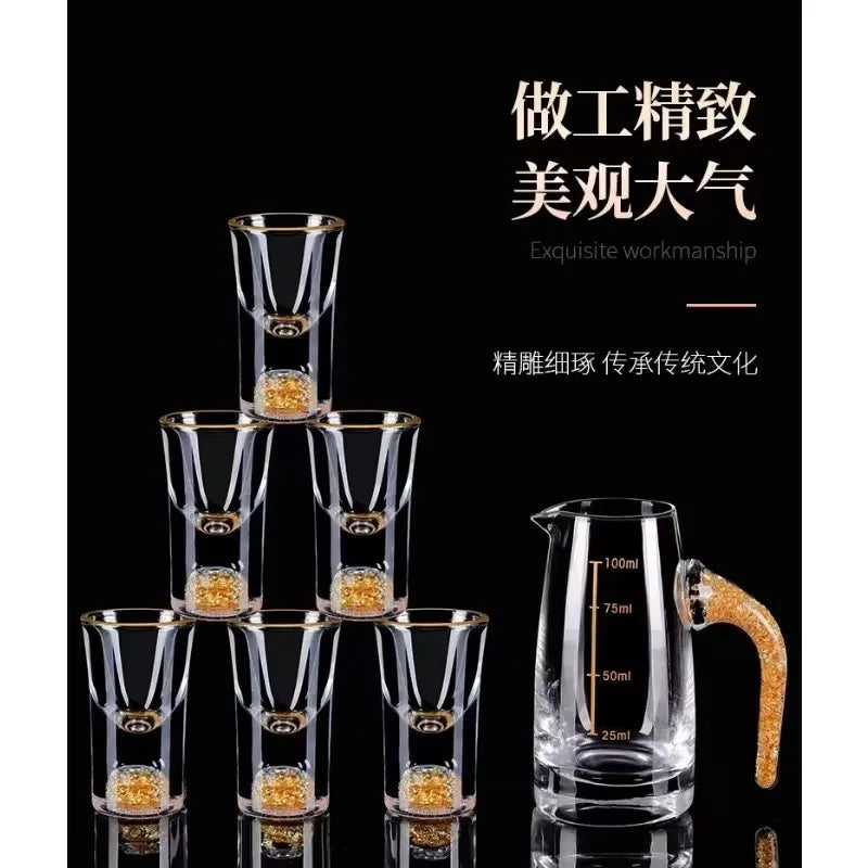 7pcs/set Gold Foil Small Wine Cup Bai Jiu Dispenser Small Household Wine Cup Glass Crystal Wine Set Spirits Cup