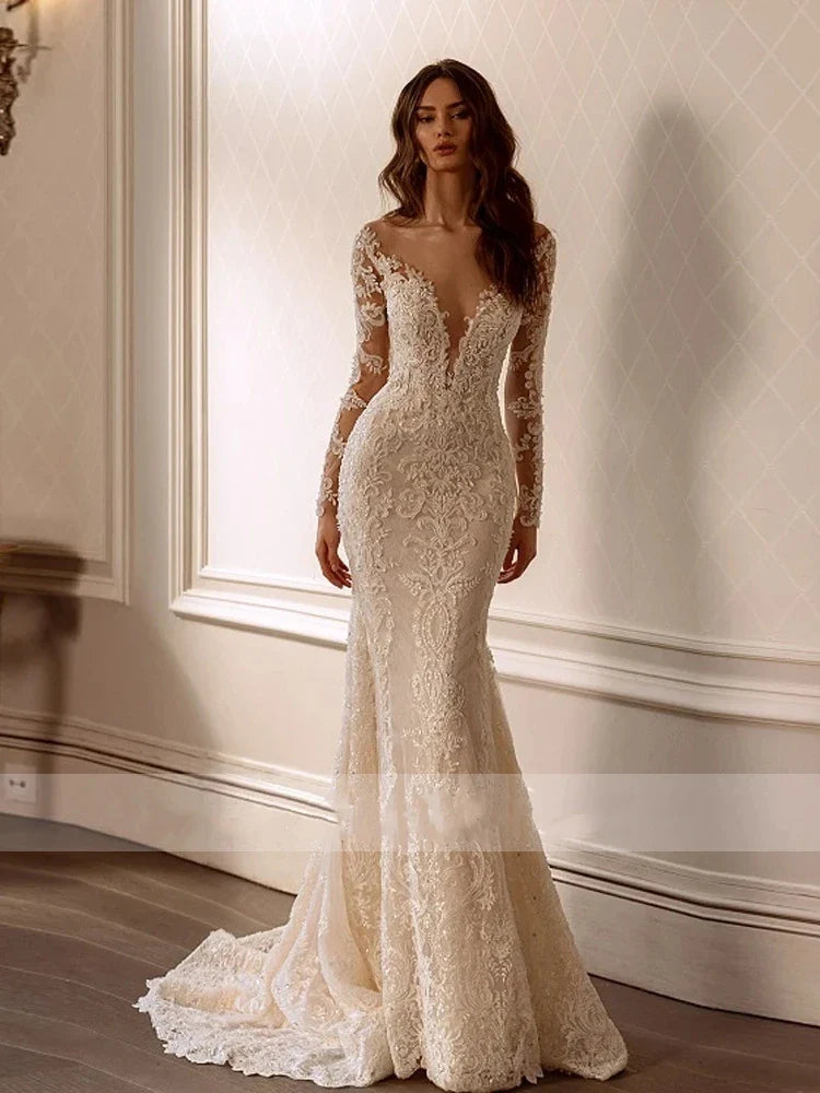 Envy NYC Mermaid Backless Bridal Gowns Lace Appliques & Long Sleeves — product category context