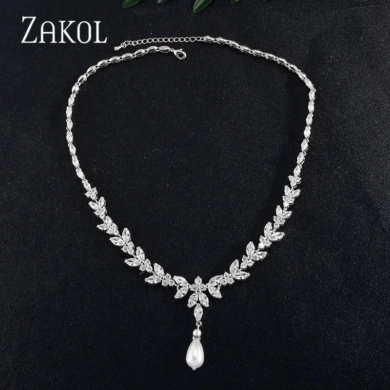 Envy NYC Marquise Cut Cubic Zircon Leaf Bridal Necklace & Earrings — product on model