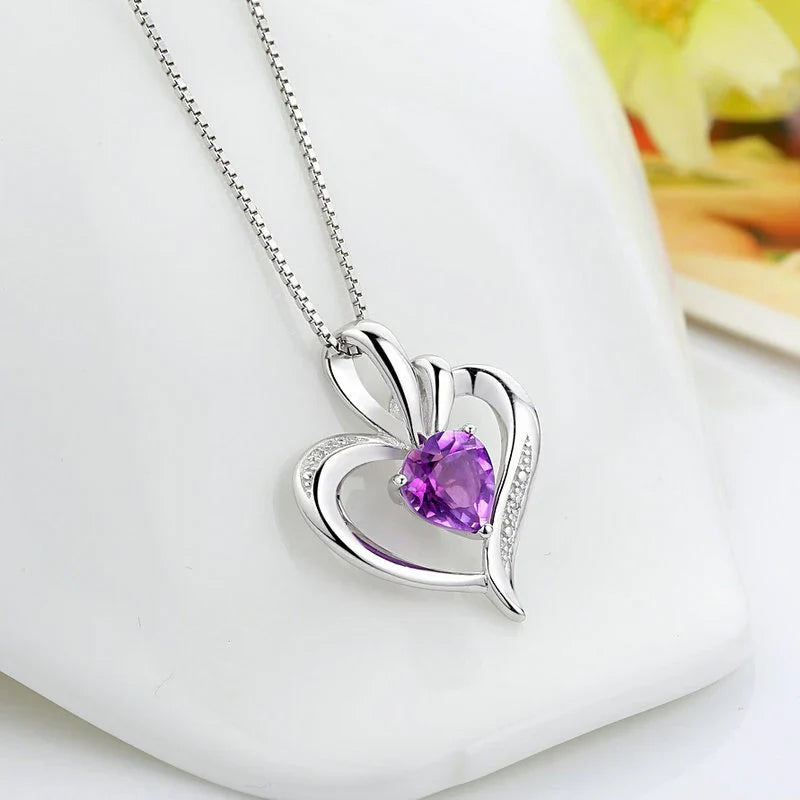 SORI STYLE 925 Silver Purple Zircon Heart Pendant Necklace — back view