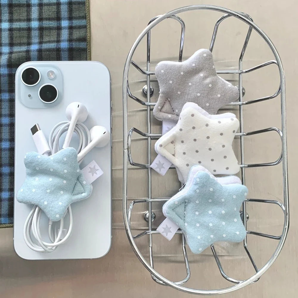 Perfecsy Y2k Japanese Earphone Decoration Accessories Handmade Fabric Star Wave Point Earphone Storage Bag Data Cable Organiz