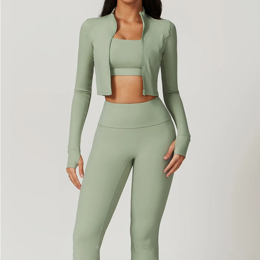 3-Piece Yoga Set Women Long Sleeve Zip Jacket High Waist Leggings