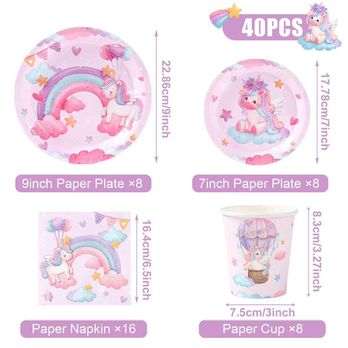 Perfecsy Unicorn Disposable Tableware Set Plates Cups Napkins Birthday Party Decoration Kids Boy Girl Wedding Birthday Party 