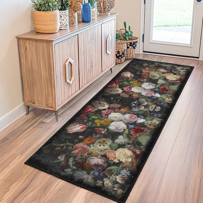 Perfecsy Romantic French Country Runner Rug for Hallway Vintage Cottagecore Embroidered Look Mat Pink Green Shabby Floral Hom