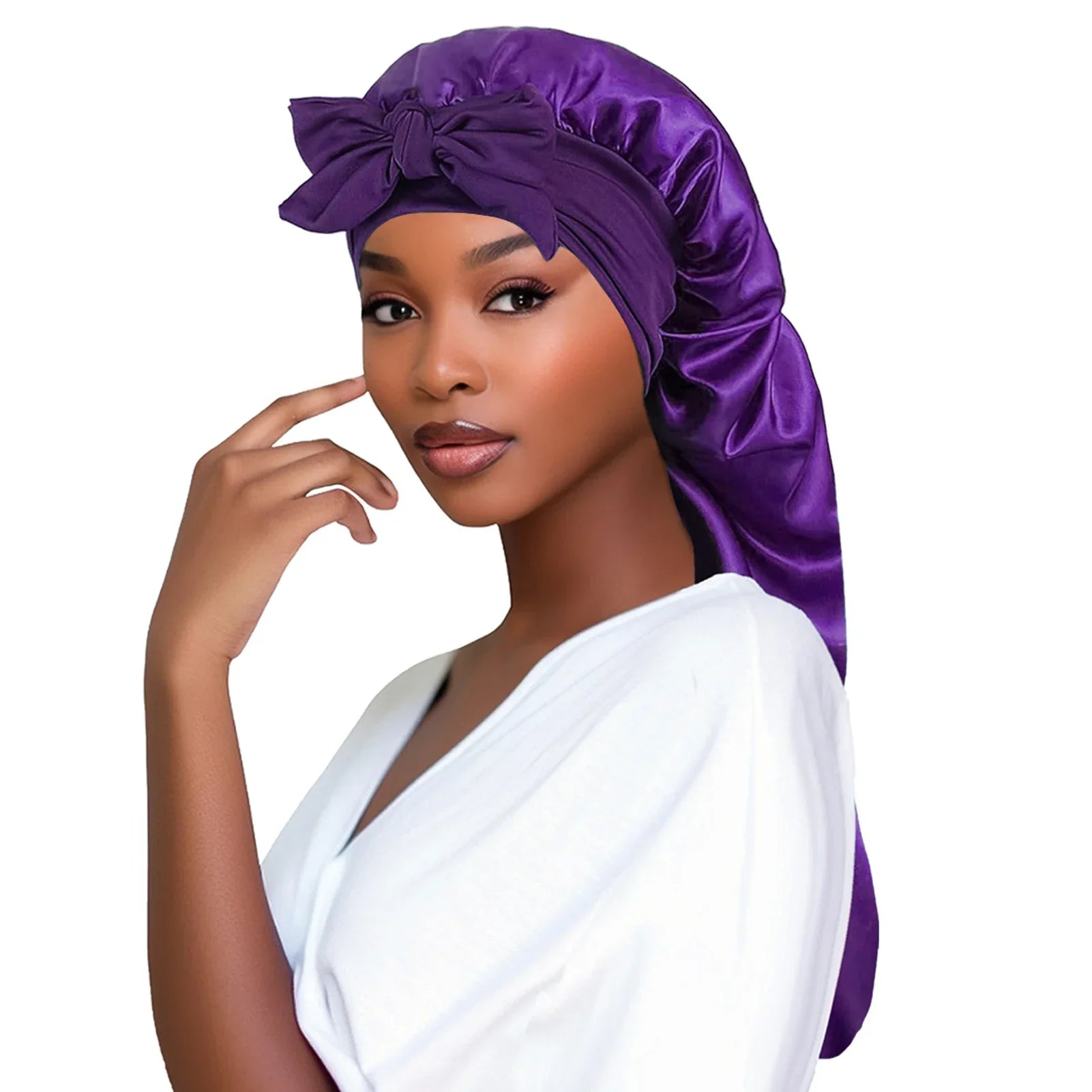 Perfecsy Women Bonnet Satin Sleeping Hat Long Tail Braid Hair Night Sleep Cap Head Cover Bonnets Shower Caps for Sauna Bathin
