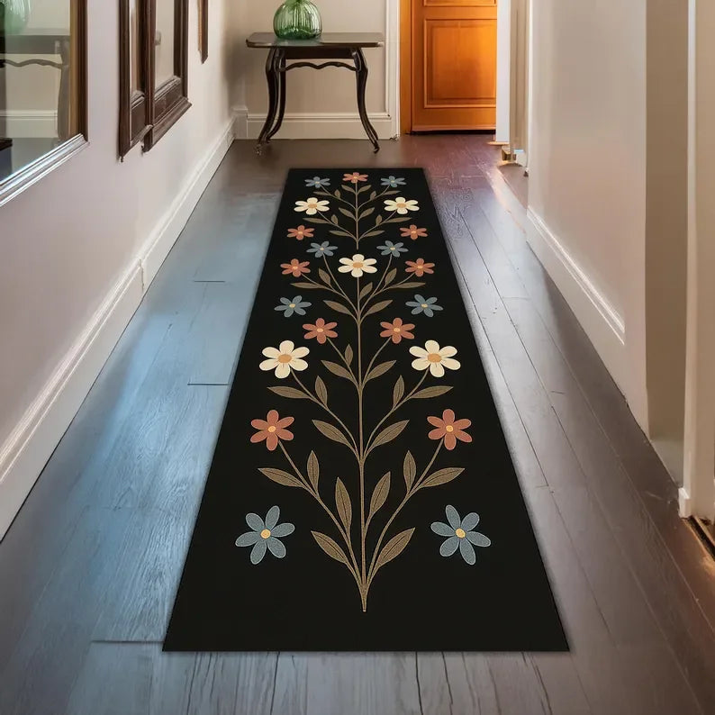 Perfecsy Romantic French Country Runner Rug for Hallway Vintage Cottagecore Embroidered Look Mat Pink Green Shabby Floral Hom