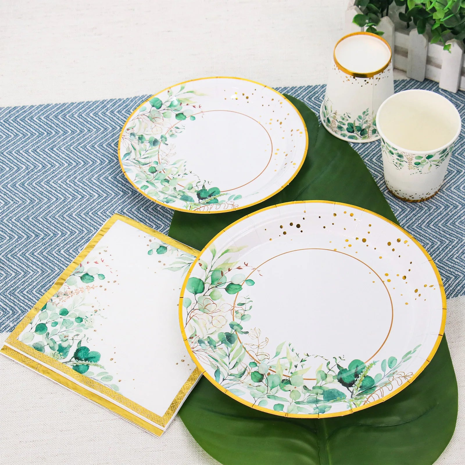 Perfecsy Sage Green Leaves Disposable Tableware Gold Edge Paper Plate Cup Napkins Wedding Decor Birthday Hawaiian Party Decor