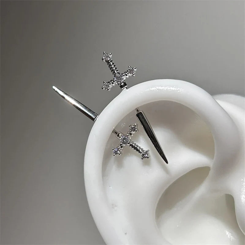 MyClosetAid New Fashion Love Wings Cross Stainless Steel Ear Bone Nail Shiny Zircon Trendy Thread Earring for Women Body Pier
