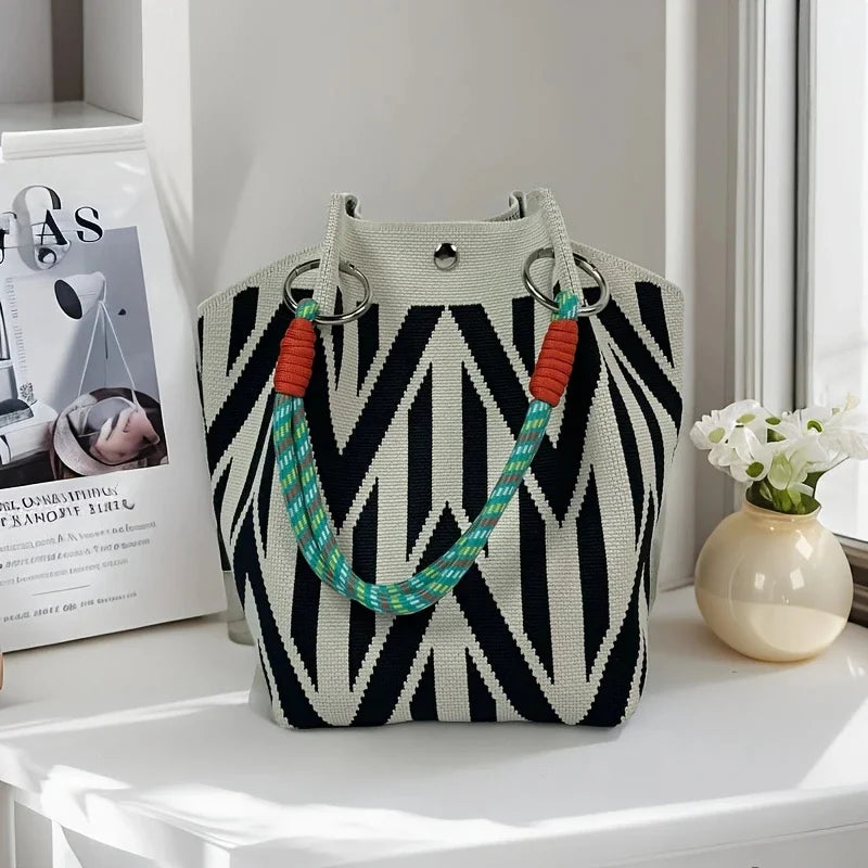 Perfecsy Women's Vintage Floral Knit Tote Bag Storage Bag Lightweight with Adjustable Straps & Metal Rings Snap Closure for C