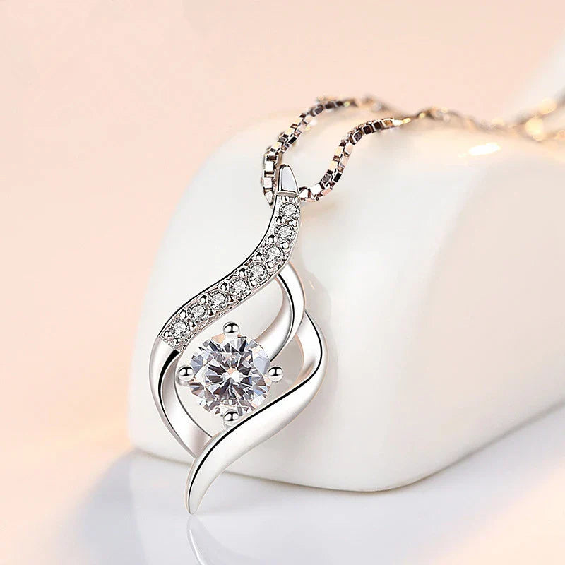 SORI STYLE 925 Silver Feather Zircon Pendant Necklace — back view