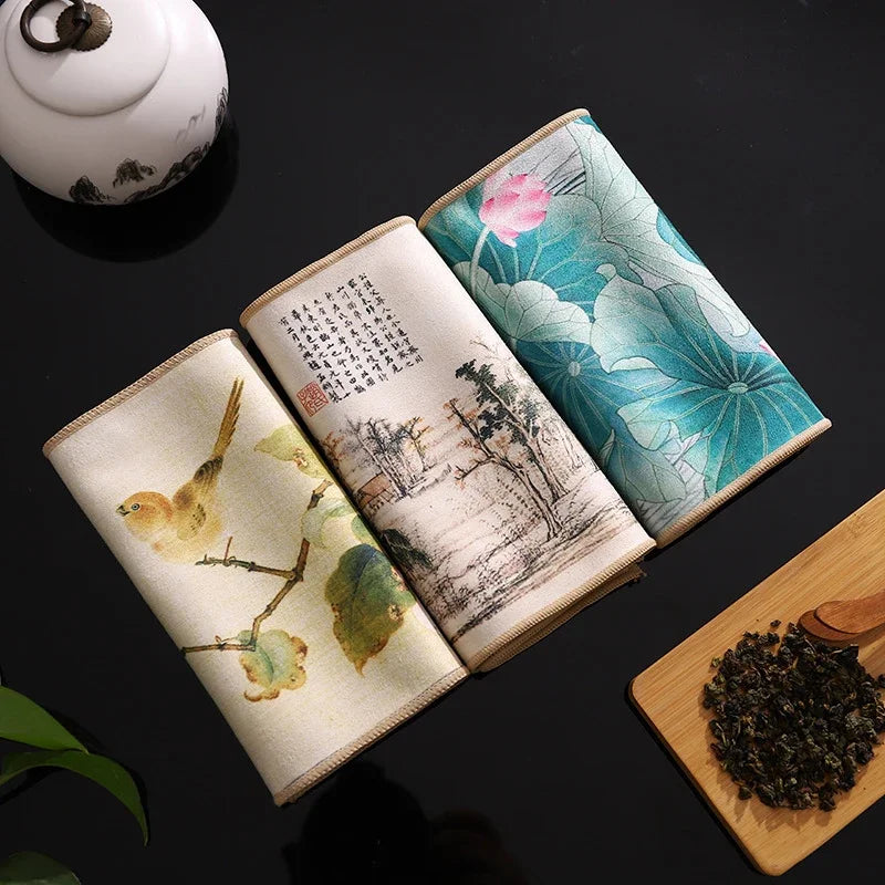 Perfecsy 1pc Chinese Painted Thick Tea Towel Super Absorbent Table Mats Suede Professional Rag Tea Mat Napkin High-end Tea Ac