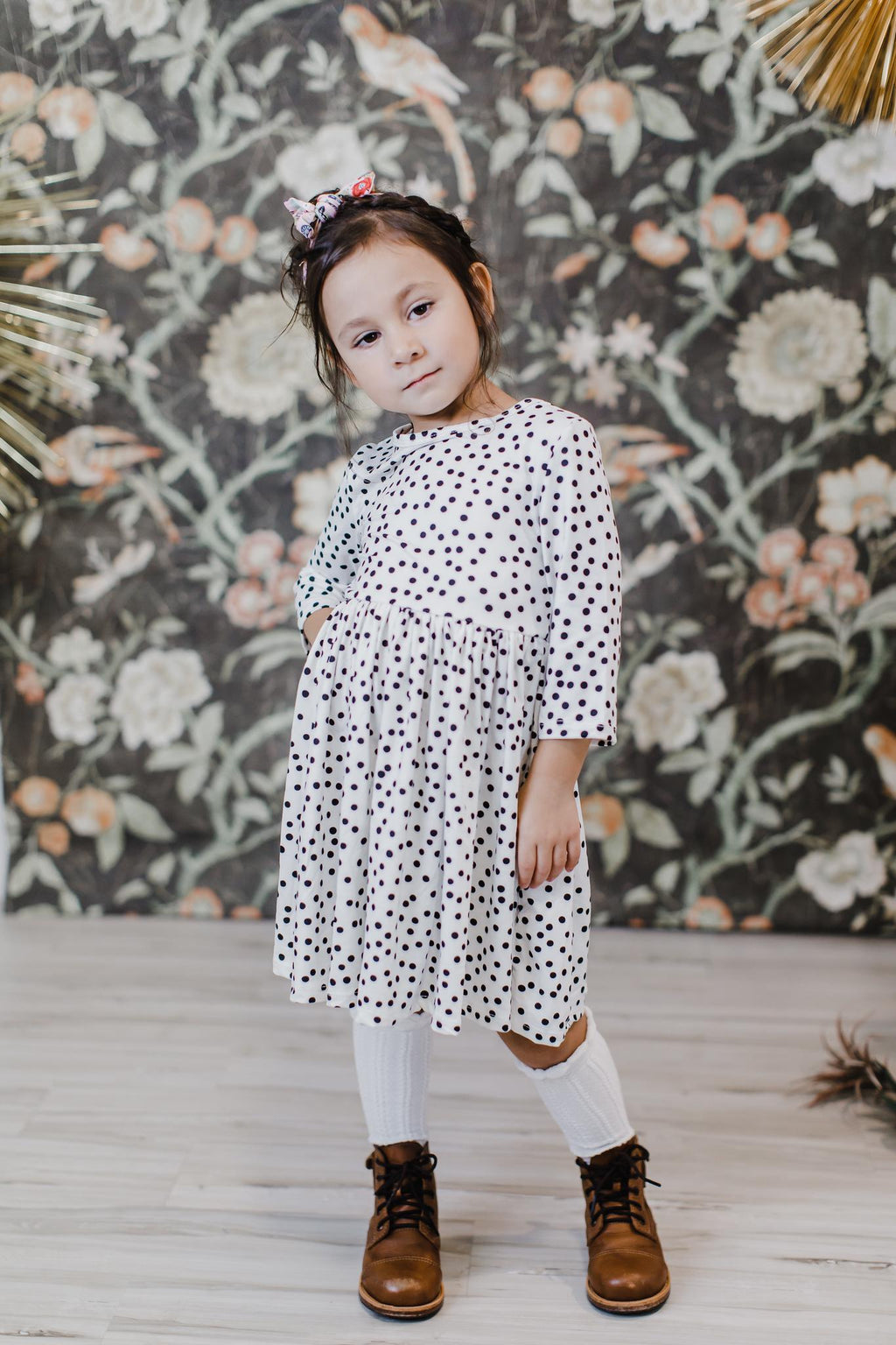 Mila & Rose ® Scattered Dot 3/4 Sleeve Pocket Twirl Dress — in-use photo