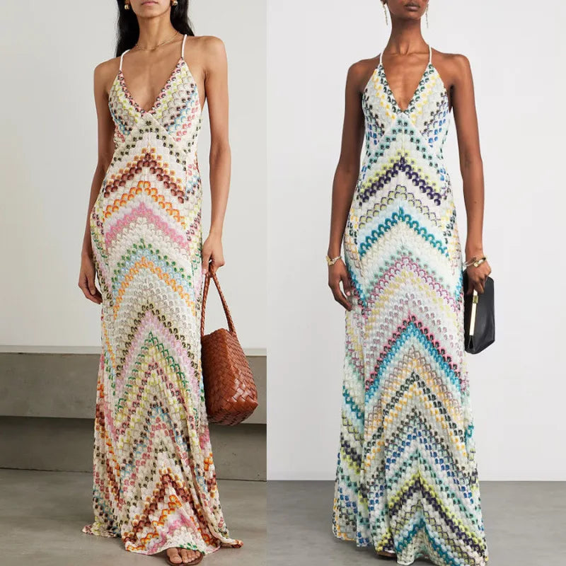 Bohemian Chevron Halter Maxi Dress Deep V-Neck Backless