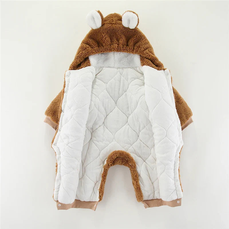 SORI STYLE Winter Hooded Baby Romper with Cute Ears — flat-lay composition