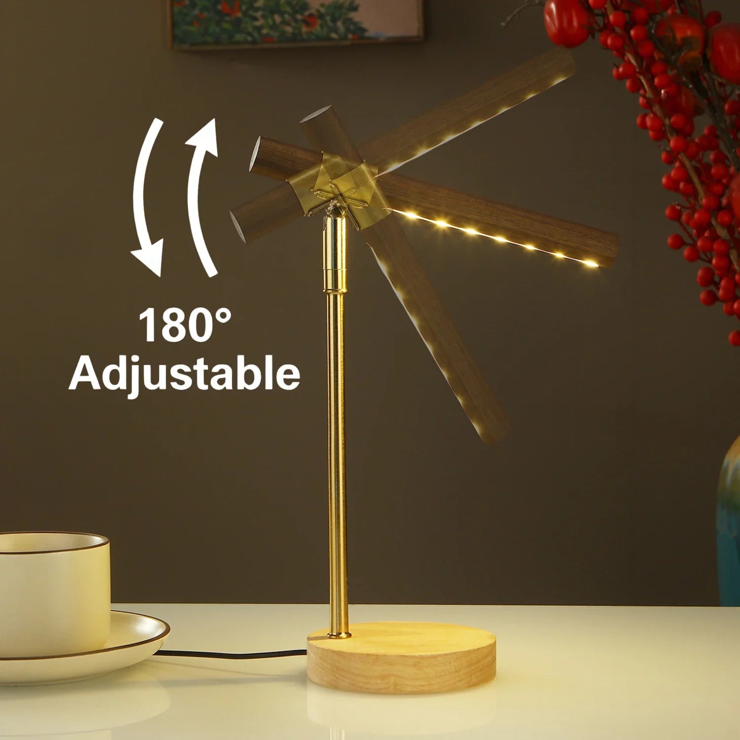 Perfecsy Wooden LED Table Lamp USB Powered Desk Lamp with 180° Adjustable Angle Night Light Minimalist Bedside Lamp for Bedro