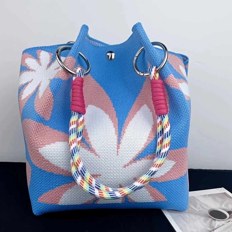 Perfecsy Women's Vintage Floral Knit Tote Bag Storage Bag Lightweight with Adjustable Straps & Metal Rings Snap Closure for C