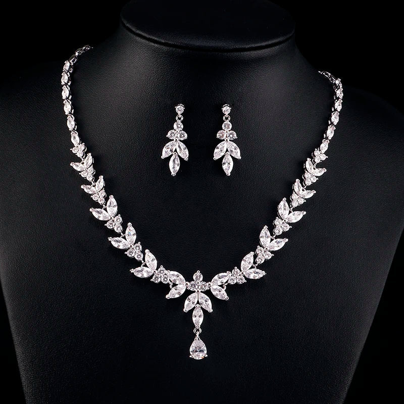 Brilliant Zirconia Leaf Necklace, Earrings & Bracelet Set