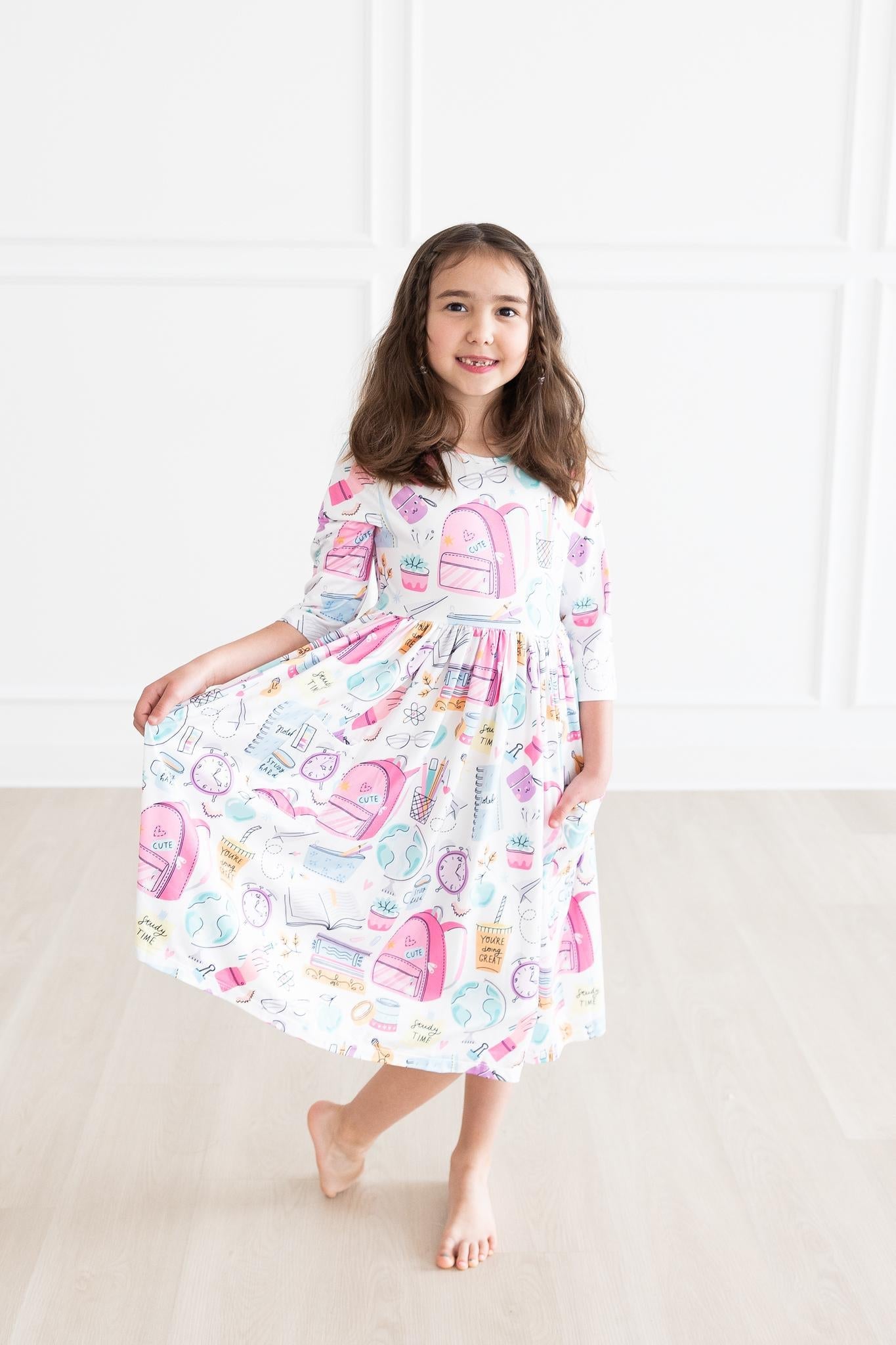 Mila & Rose ® School is Cool 3/4 Sleeve Pocket Twirl Dress — in-use photo