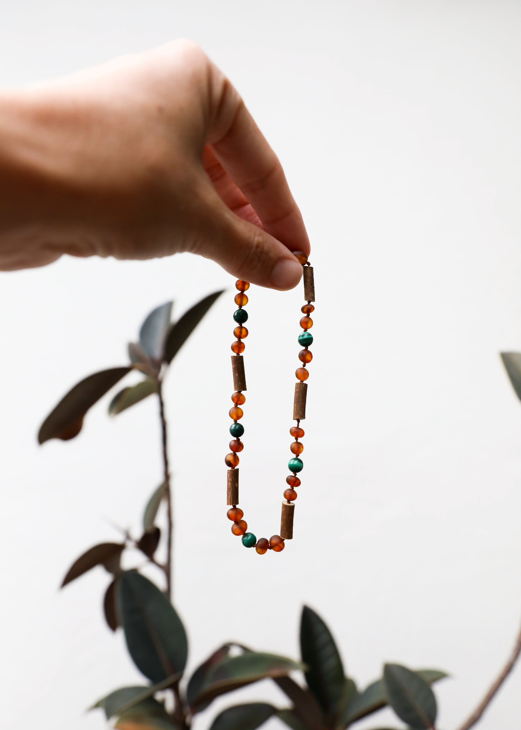 CanyonLeaf Hazelwood || Raw Cognac Baltic Amber + Malachite || Necklace — Cognac detail