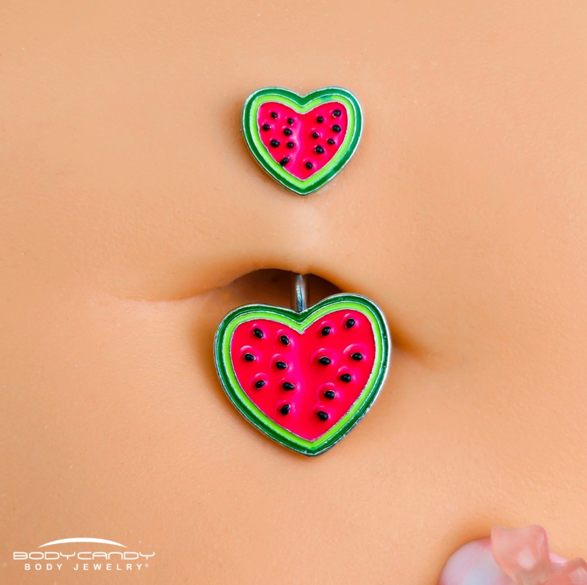 BodyCandy Watermelon Hearts Double Mount Belly Ring — detail close-up