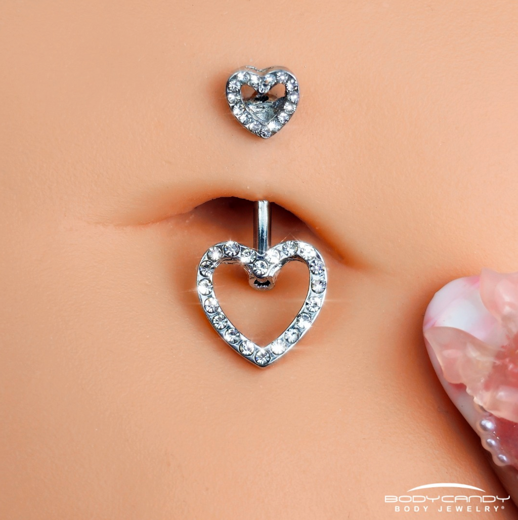 BodyCandy Clear Gem Open Heart Valentine Double Mount Belly Ring — detail close-up