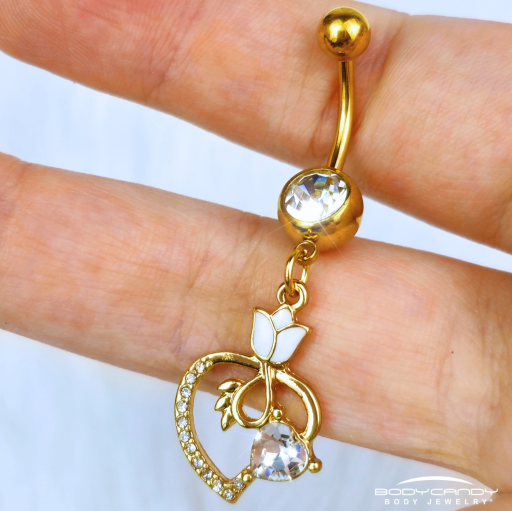 BodyCandy Clear Gem Gold Tone Tulip Heart Flower Dangle Belly Ring — detail close-up