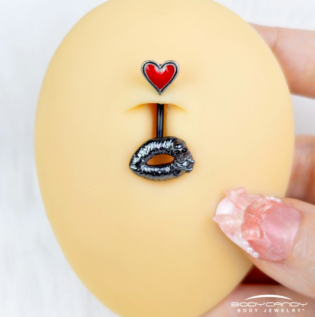 BodyCandy Red Heart Kiss of Death Double Mount Belly Ring — detail and construction