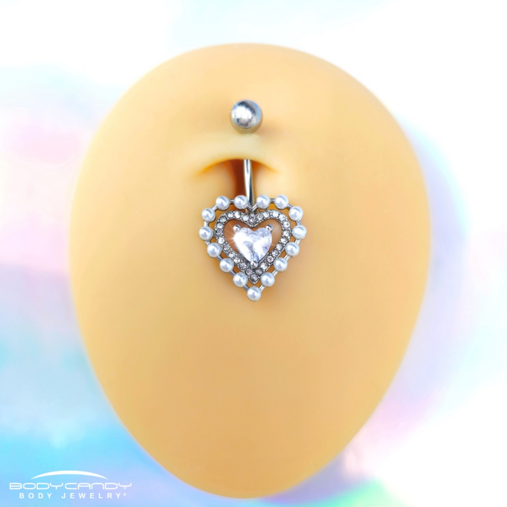 BodyCandy Clear CZ Gem Pearl Heart Belly Ring — lifestyle context