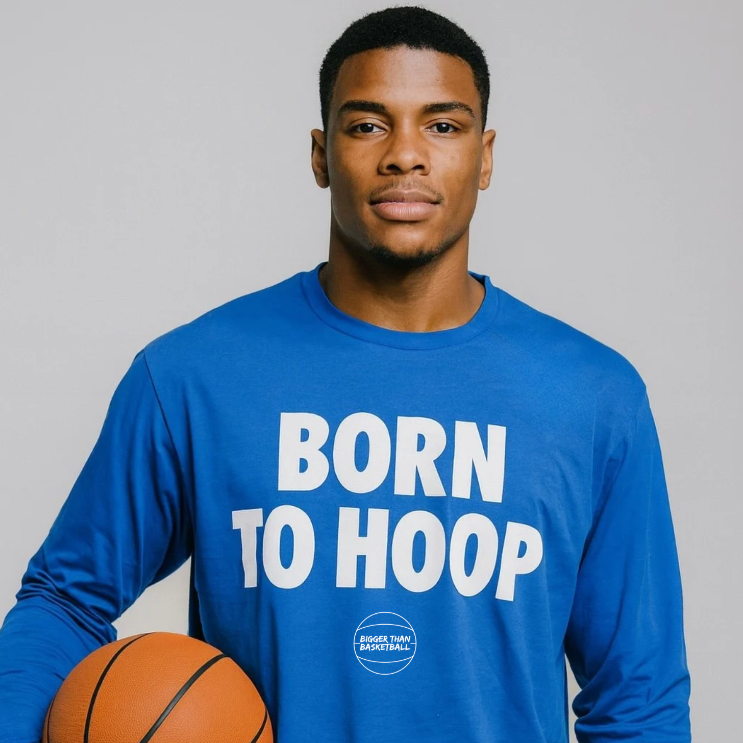 Bigger Than Basketball Born To Hoop - Long Sleeve - Blue — Bigger Than Basketball branding close-up