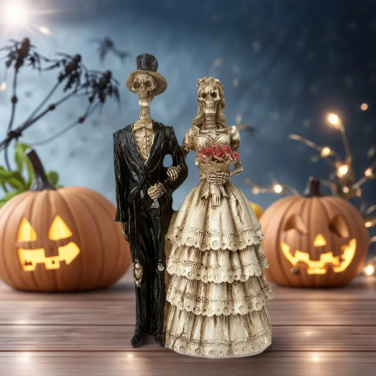 Perfecsy 1 Halloween Couple Skeleton Statue Ornament, Vintage Wedding Dress Style, Home Desktop Party Decoration, Spooky and 