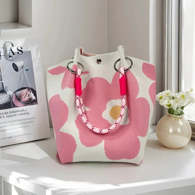 Perfecsy Women's Vintage Floral Knit Tote Bag Storage Bag Lightweight with Adjustable Straps & Metal Rings Snap Closure for C
