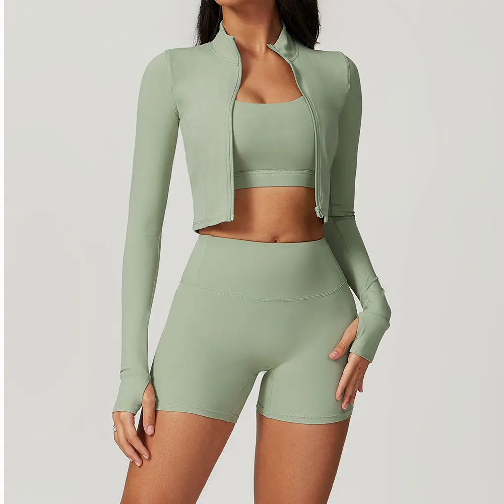 3-Piece Yoga Set Women Long Sleeve Zip Jacket High Waist Leggings