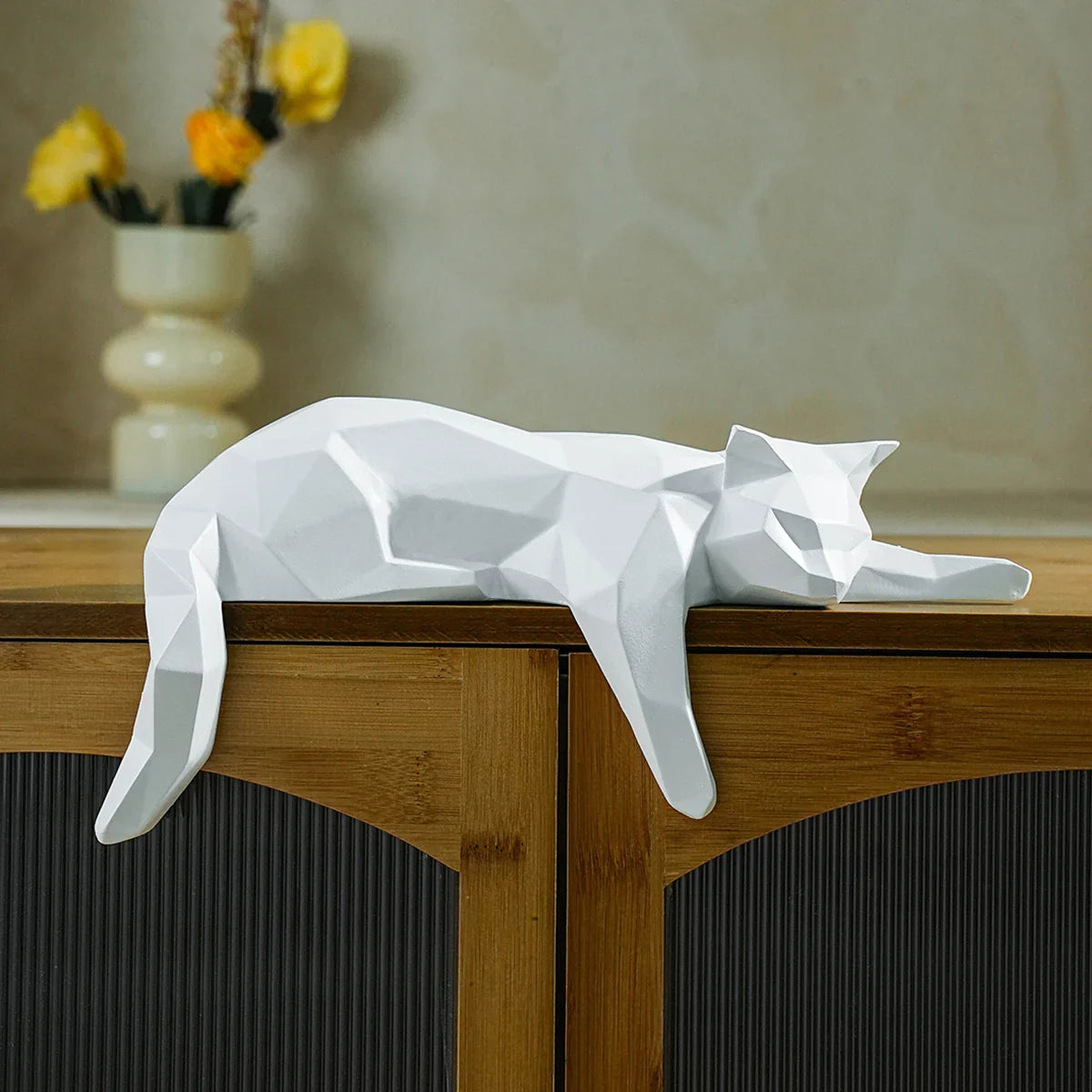 Perfecsy White Black Cat Statue - Geometric Modern Room Decor Figurine Sculpture for Home Office as Table Shelf Desk Decor  L